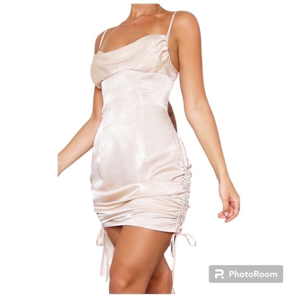 PrettyLittleThing Champagne Satin Cowl Ruched Side Strappy Bodycon Dress Sz 4 - Picture 9 of 16